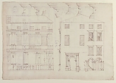 Villa Farnesina, Stables, half front elevation and end elevation (recto) Palazzo Salviati-Adimari, plan (verso), Drawn by Anonymous, French, 16th century, Dark brown ink, black chalk, ink wash, and incised lines